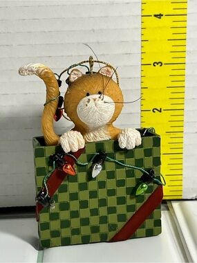 Deb Orange and Cream Cat Ornament in Green Checkered Box